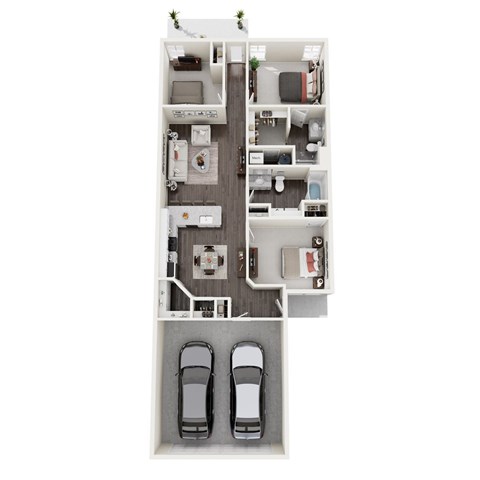 A top-down view of a house layout with two bedrooms, a living room, a kitchen, a bathroom, and a garage with two cars.